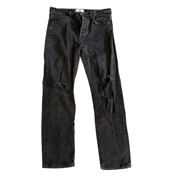 We the Free Black Denim Button Fly Straight Leg Distressed Stretch Jeans Size 28 - Picture 1 of 9
